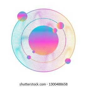 Abstract atomic system surrounded by 3d sphere made of points. Vector illustration in futuristic high tech style.