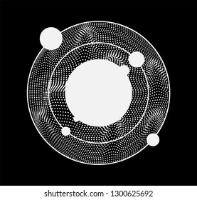 Abstract atomic system surrounded by 3d sphere made of points. Vector illustration in futuristic high tech style.
