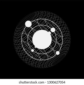Abstract atomic system surrounded by 3d sphere made of points. Vector illustration in futuristic high tech style.