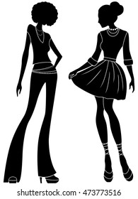 Abstract attractive slender ladies black stencil silhouettes, hand drawing stylized vector illustration