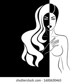 Abstract attractive woman with long hair split in negative and positive space, black and white conceptual expression, hand drawing illustration