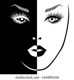 Abstract attractive woman split in Negative Positive space, black and white conceptual expression, hand drawing illustration
