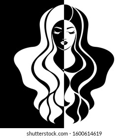 Abstract attractive woman's face with closed eyes split in negative and positive space, black and white conceptual expression, hand drawing illustration