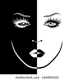 Abstract attractive woman's face with closed eyes split in negative and positive space, black and white conceptual expression, hand drawing illustration