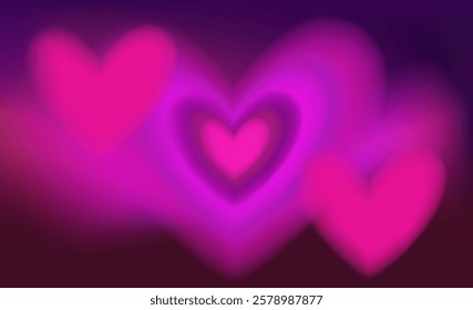 Abstract aura background with neon pink and violet hearts on a defocused backdrop.