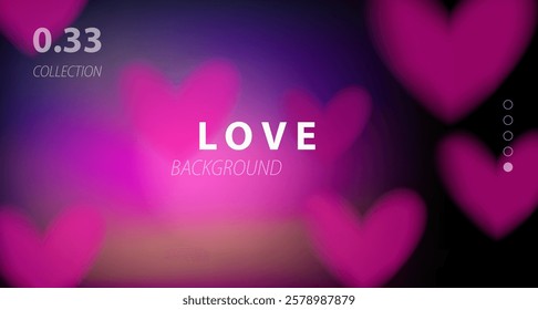 Abstract aura background with neon pink and violet hearts on a defocused backdrop.