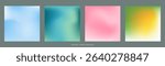 Abstract aura blurry vector texture. Blue, pink, green, yellow gradient background. Beauty in nature gradation pattern. Aesthetic bg. Set of 4 square vector gradient backdrop for poster, cover, banner
