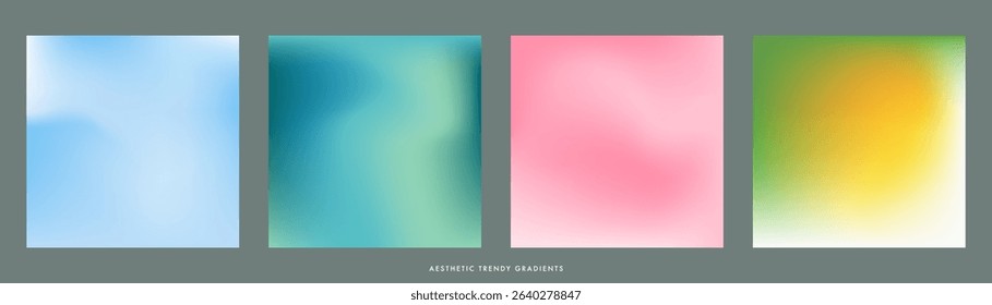 Abstract aura blurry vector texture. Blue, pink, green, yellow gradient background. Beauty in nature gradation pattern. Aesthetic bg. Set of 4 square vector gradient backdrop for poster, cover, banner