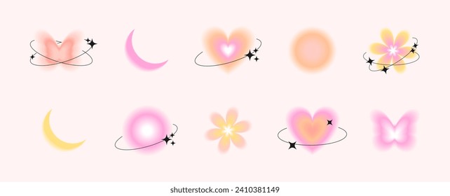 Abstract aura gradient shapes in y2k style. Blurry heart, flowers, moon, planet and butterfly design elements. Vector illustration