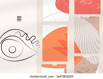Abstract authentic portrait on modern card set template. One line continuous hand drawn doodle vector artwork. Contemporary composition in modern cubism art style. Mock up with shadow overlay.