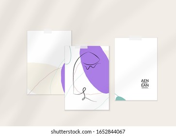 Abstract authentic portrait on modern card set template. One line continuous hand drawn doodle vector artwork. Contemporary composition in modern cubism art style. Mock up with shadow overlay.