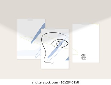 Abstract authentic portrait on modern card set template. One line continuous hand drawn doodle vector artwork. Contemporary composition in modern cubism art style. Mock up with shadow overlay.