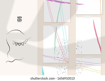 Abstract authentic portrait on modern card set template. One line continuous hand drawn doodle vector artwork. Contemporary composition in modern cubism art style. Mock up with shadow overlay.