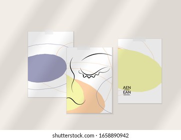 Abstract authentic portrait on modern card set template. One line continuous hand drawn doodle vector artwork. Contemporary composition in modern cubism art style. Mock up with shadow overlay.