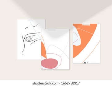 Abstract authentic portrait on modern card set template. One line continuous hand drawn doodle vector artwork. Contemporary composition in modern cubism art style. Mock up with shadow overlay.