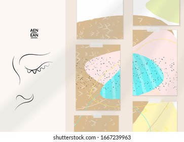 Abstract authentic portrait on modern card set template. One line continuous hand drawn doodle vector artwork. Contemporary composition in modern cubism art style. Mock up with shadow overlay.