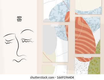 Abstract authentic portrait on modern card set template. One line continuous hand drawn doodle vector artwork. Contemporary composition in modern cubism art style. Mock up with shadow overlay.