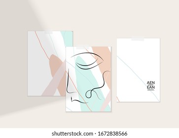 Abstract authentic portrait on modern card set template. One line continuous hand drawn doodle vector artwork. Contemporary composition in modern cubism art style. Mock up with shadow overlay.