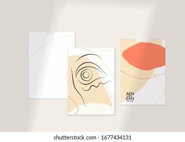 Abstract authentic portrait on modern card set template. One line continuous hand drawn doodle vector artwork. Contemporary composition in modern cubism art style. Mock up with shadow overlay.