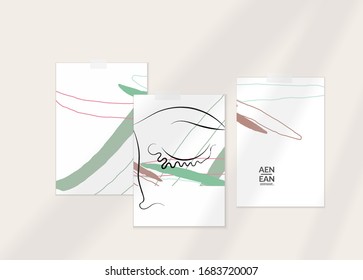 Abstract authentic portrait on modern card set template. One line continuous hand drawn doodle vector artwork. Contemporary composition in modern cubism art style. Mock up with shadow overlay.
