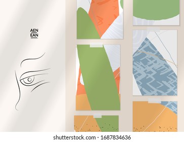 Abstract authentic portrait on modern card set template. One line continuous hand drawn doodle vector artwork. Contemporary composition in modern cubism art style. Mock up with shadow overlay.