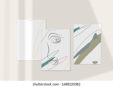 Abstract authentic portrait on modern card set template. One line continuous hand drawn doodle vector artwork. Contemporary composition in modern cubism art style. Mock up with shadow overlay.