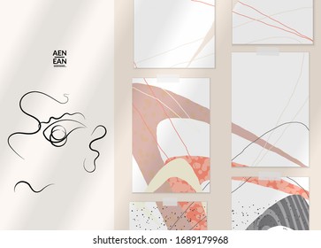 Abstract authentic portrait on modern card set template. One line continuous hand drawn doodle vector artwork. Contemporary composition in modern cubism art style. Mock up with shadow overlay.