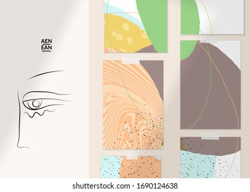 Abstract authentic portrait on modern card set template. One line continuous hand drawn doodle vector artwork. Contemporary composition in modern cubism art style. Mock up with shadow overlay.