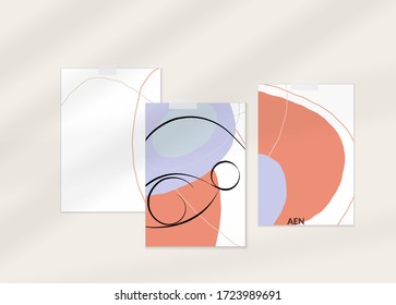 Abstract authentic portrait on modern card set template. One line continuous hand drawn doodle vector artwork. Contemporary composition in modern cubism art style. Mock up with shadow overlay.