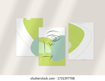 Abstract authentic portrait on modern card set template. One line continuous hand drawn doodle vector artwork. Contemporary composition in modern cubism art style. Mock up with shadow overlay.