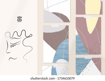 Abstract authentic portrait on modern card set template. One line continuous hand drawn doodle vector artwork. Contemporary composition in modern cubism art style. Mock up with shadow overlay.