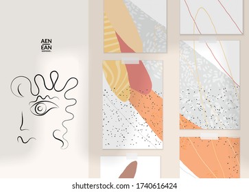 Abstract authentic portrait on modern card set template. One line continuous hand drawn doodle vector artwork. Contemporary composition in modern cubism art style. Mock up with shadow overlay.