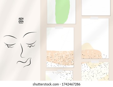 Abstract authentic portrait on modern card set template. One line continuous hand drawn doodle vector artwork. Contemporary composition in modern cubism art style. Mock up with shadow overlay.