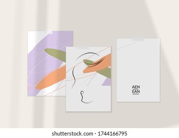 Abstract authentic portrait on modern card set template. One line continuous hand drawn doodle vector artwork. Contemporary composition in modern cubism art style. Mock up with shadow overlay.