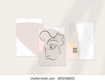 Abstract authentic portrait on modern card set template. One line continuous hand drawn doodle vector artwork. Contemporary composition in modern cubism art style. Mock up with shadow overlay.
