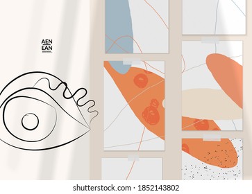 Abstract authentic portrait on modern card set template. One line continuous hand drawn doodle vector artwork. Contemporary composition in modern cubism art style. Mock up with shadow overlay.