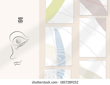 Abstract authentic portrait on modern card set template. One line continuous hand drawn doodle vector artwork. Contemporary composition in modern cubism art style. Mock up with shadow overlay.