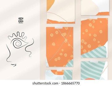Abstract authentic portrait on modern card set template. One line continuous hand drawn doodle vector artwork. Contemporary composition in modern cubism art style. Mock up with shadow overlay.