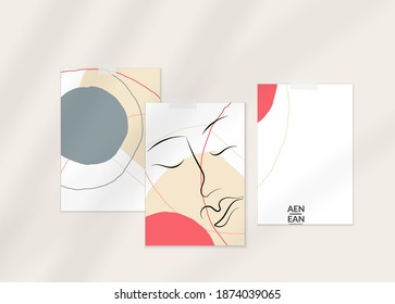 Abstraktes authentisches Porträt auf modernen Kartenset-Vorlage. Eine Zeile stetig handgezeichnet doodle Vektorgrafik. Zeitgenössische Komposition im modernen Kubismus-Kunststil. Mit Schattenüberlagerung aufrüsten.