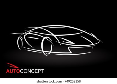 Abstract auto concept vehicle design with model style sketch outline of a white futuristic sports car on black background. Vector illustration.