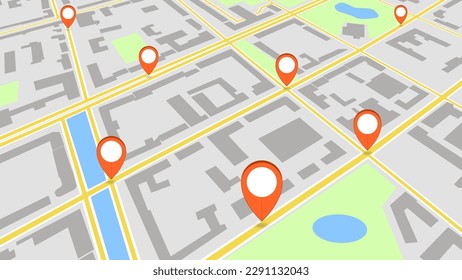 Abstract automobile map of the area with colored markers. Autonavigator, route. EPS 10.