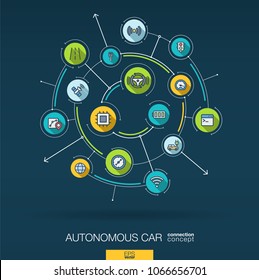 Abstract autonomous electric car, self-driving background. Digital connect system with integrated circles, flat icons. Network interact interface concept. Autopilot vector infographic illustration