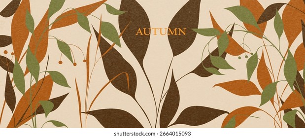 Abstractas fondo de arte de otoño con hojas de árbol y hierba. Anuncio de planta de Vector para decoración, impresión, cartel, textil, interior, Fondo de pantalla.