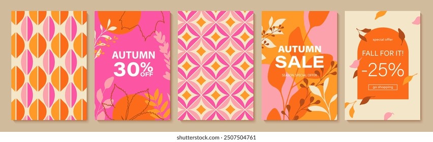 Abstract autumn art. Bright warm colors, fall leaves, trees, geometric retro pattern. Frame, background for text. Modern autumn poster, web banner, flyer vector design.