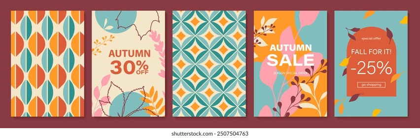 Abstract autumn art. Bright warm colors, fall leaves, trees, geometric retro pattern. Frame, background for text. Modern autumn poster, web banner, flyer vector design.