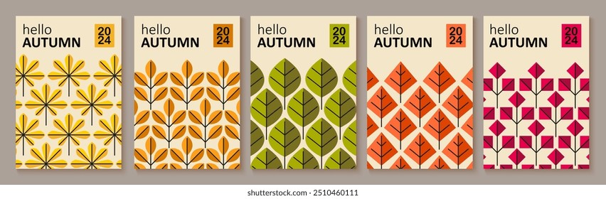 Abstract autumn art. Bright warm colors, fall leaves, trees, geometric retro pattern. Frame, background for text. Modern autumn poster, web banner, flyer vector design.