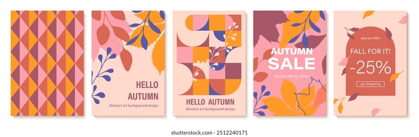 Abstract autumn art. Bright warm colors, fall leaves, trees, geometric retro pattern. Frame, background for text. Modern autumn poster, web banner, flyer vector design.