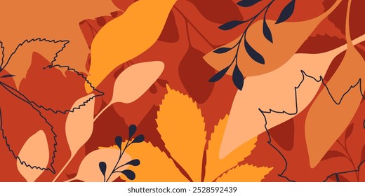 Abstract autumn art. Bright warm colors, fall leaves, trees. Background for text. Modern autumn poster, web banner, flyer vector design.