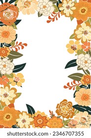 Abstract autumn art floral frame, overlay. Floral backdrop decorated with gorgeous multicolored blooming flowers and leaves. Botanical flat vector illustration on white background