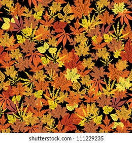 Abstract autumn background, creative leaf fall; Orange, yellow, red, seamless pattern, retro vector wallpaper, vintage ornate fabric and wrapping with graphic leafs for decoration and design